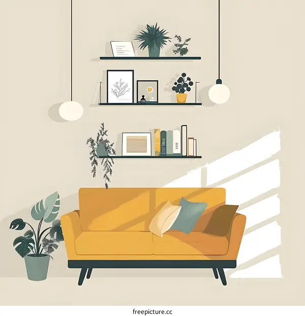 Modern Living Room Interior Design With Yellow Sofa And Shelving