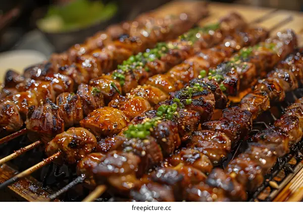 A variety of grilled meat skewers on a grill