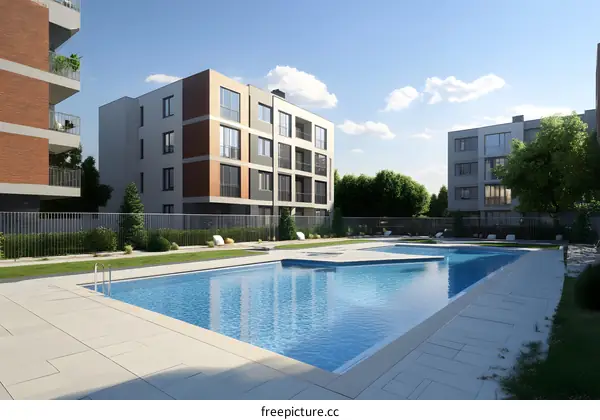 Modern Apartment Building With Swimming Pool And Green Lawn
