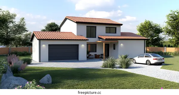 Modern House Design with a Garage and Yard