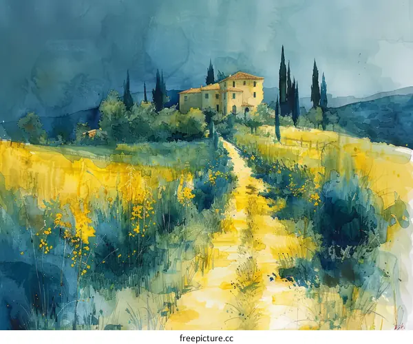 watercolor painting of a rural Italian landscape with a cypress tree