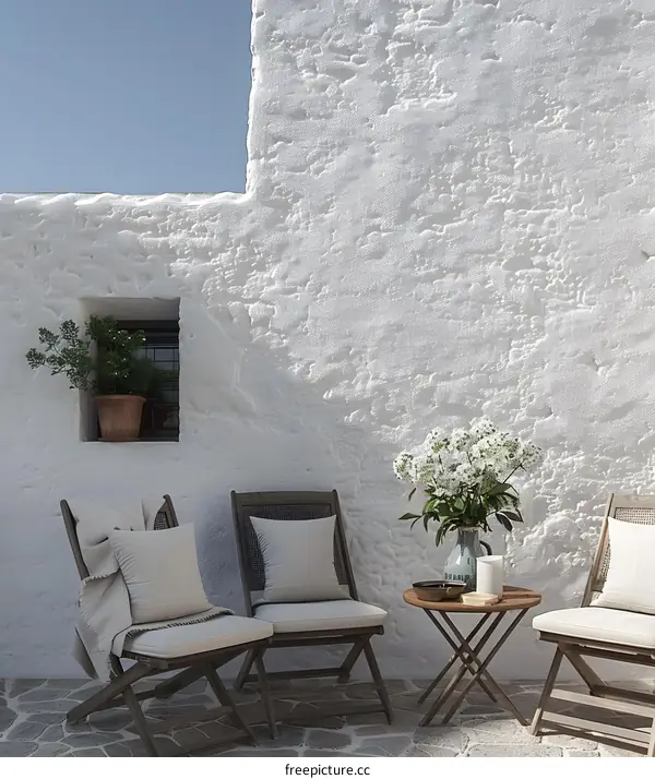 White Wall Patio With Chairs And Flowers