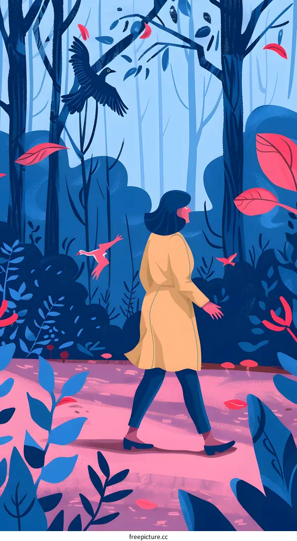 Woman Walking Through a Forest Illustration