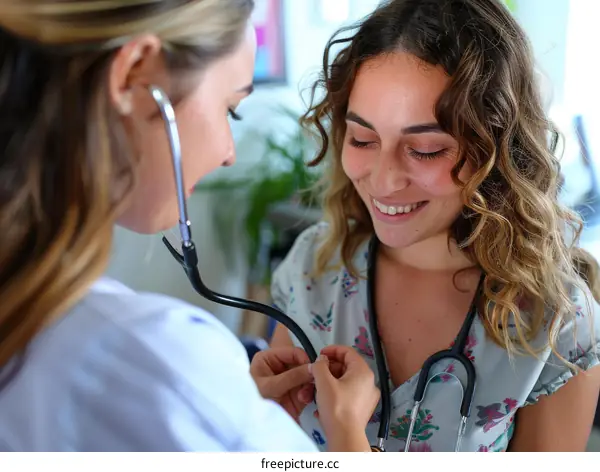 Two female doctors in white coats examining a patient