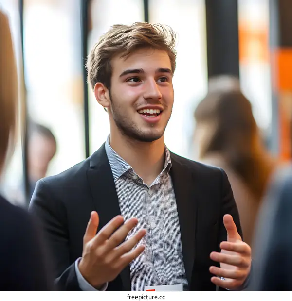Young Man in a Suit Speaking at a Business Meeting