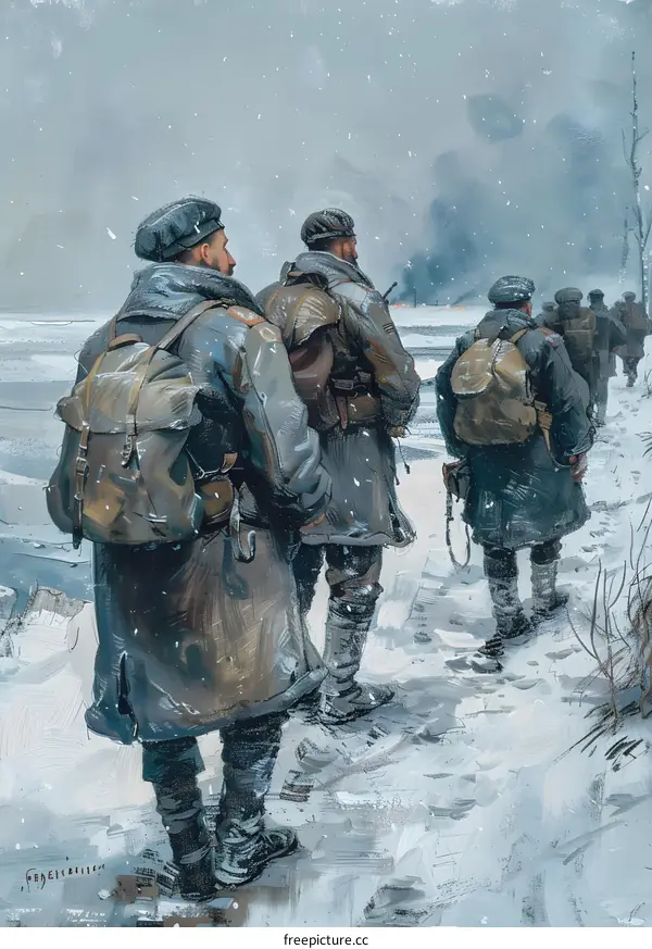 A group of soldiers trudging through the snow during World War I