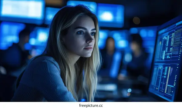 Female Technician Monitoring Systems in Control Room