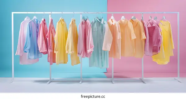 Pastel Colored Shirts Hanging on a Rack Against a Blue and Pink Background