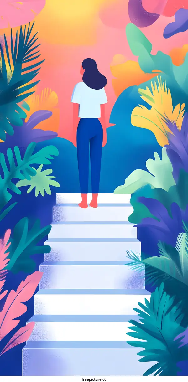 Woman Standing On Stairs In Tropical Forest