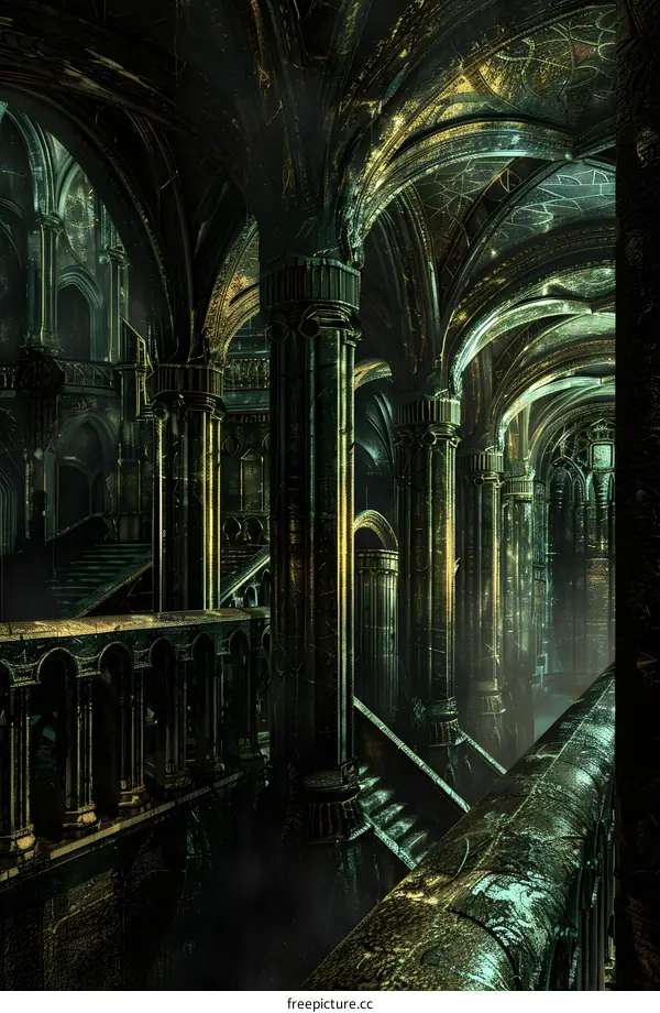 Dark Fantasy Interior with Gothic Architecture and Golden Accents