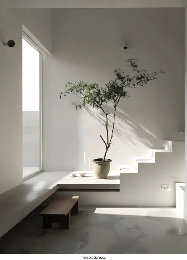 Minimalist Interior Design with Plant and Wooden Bench