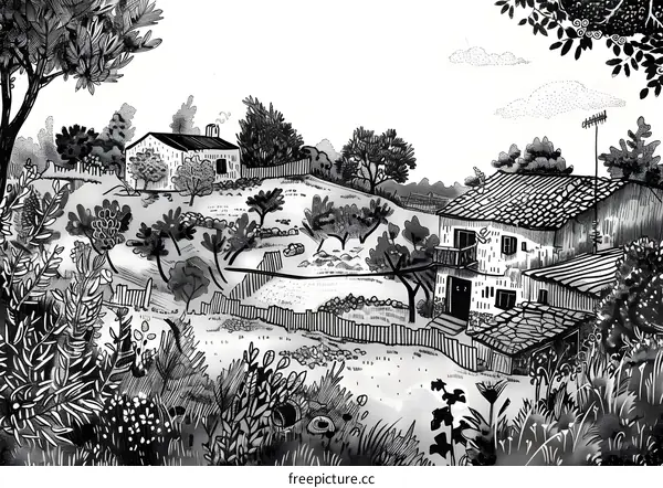 Black and White Illustration of Countryside Houses with Trees