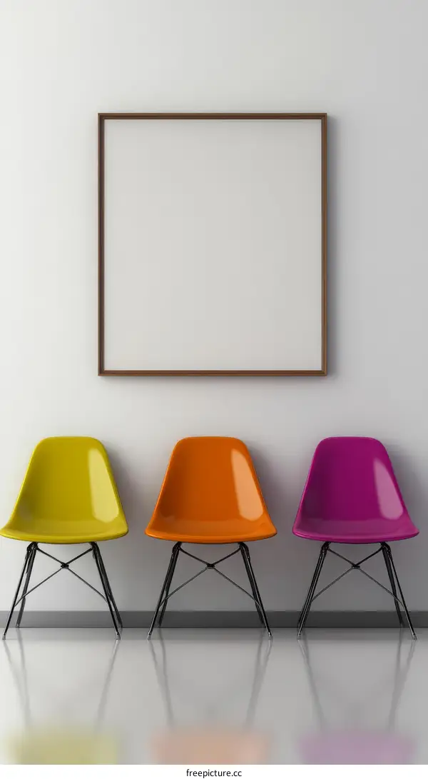Empty Waiting Area with Colorful Chairs and a Blank Frame