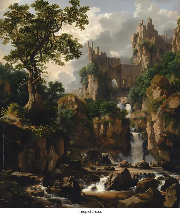 Waterfall and Ruined Castle in a Mountainous Landscape