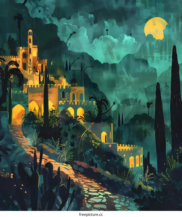 Nighttime Fantasy Landscape With a Castle and Moon