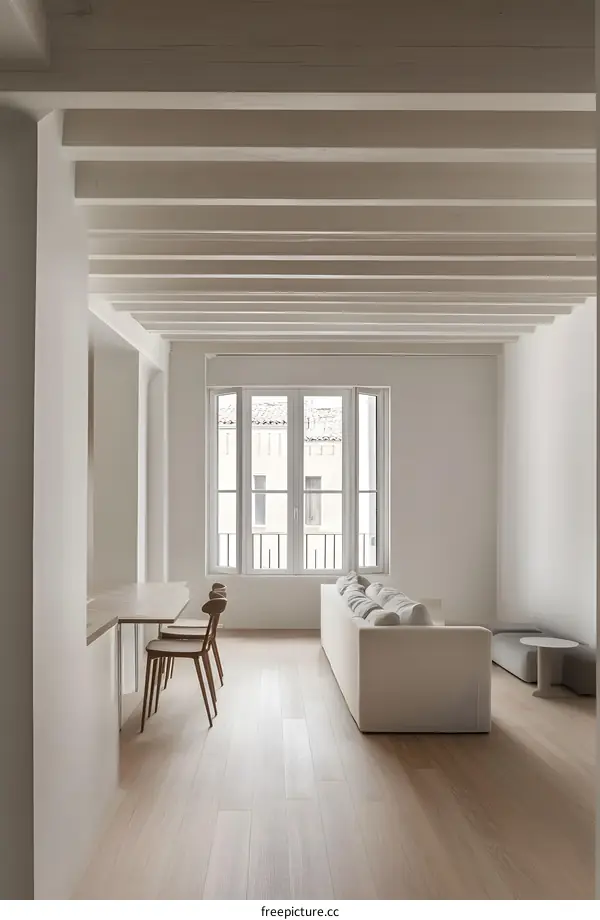 Minimalist Living Room with White Walls and Wooden Beams