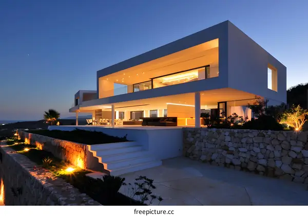 Modern White Villa with Pool and Stone Wall