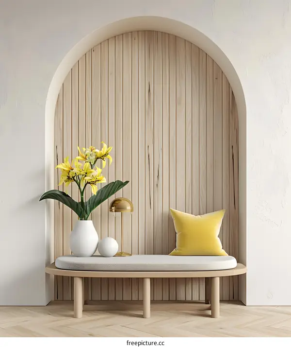 Minimalist Interior Design With Yellow Flowers and Wooden Wall