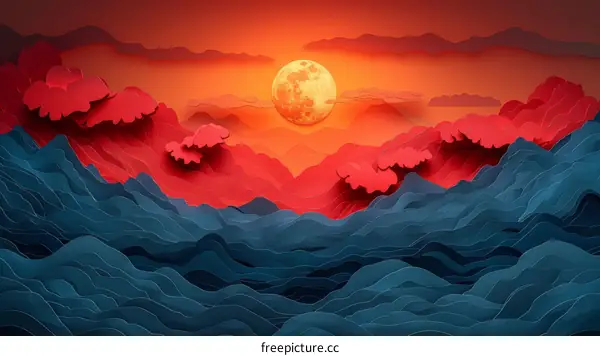 red and blue paper cut waves with a large moon