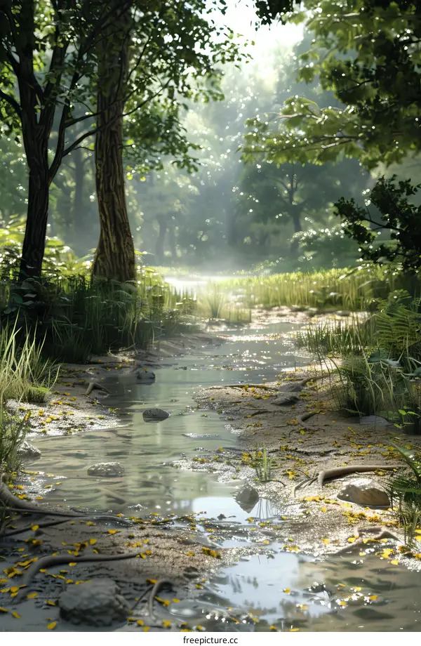 Small Stream Flowing through a Dense Forest with Sunlight Filtering Through the Trees