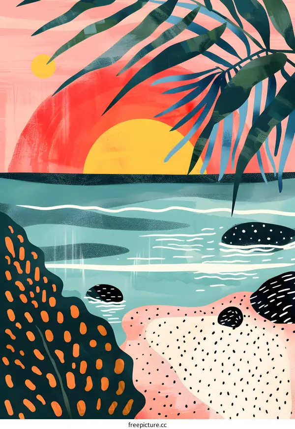 Abstract Tropical Sunset Landscape With Palm Tree and Ocean