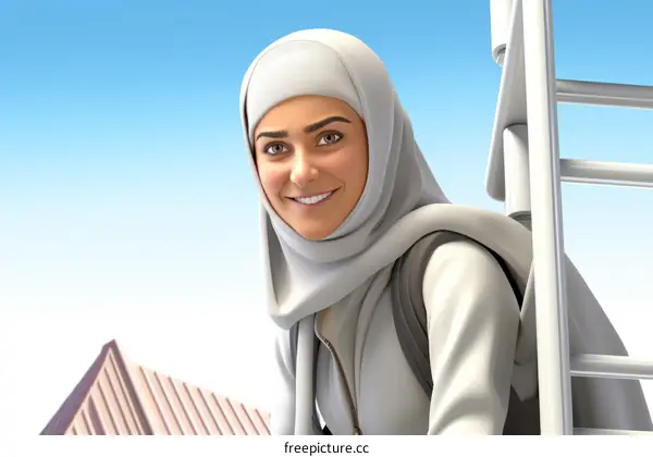 A young woman in a hijab is smiling and standing on a ladder.