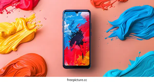 Abstract Colorful Paint Splashes On Pink Background With Phone