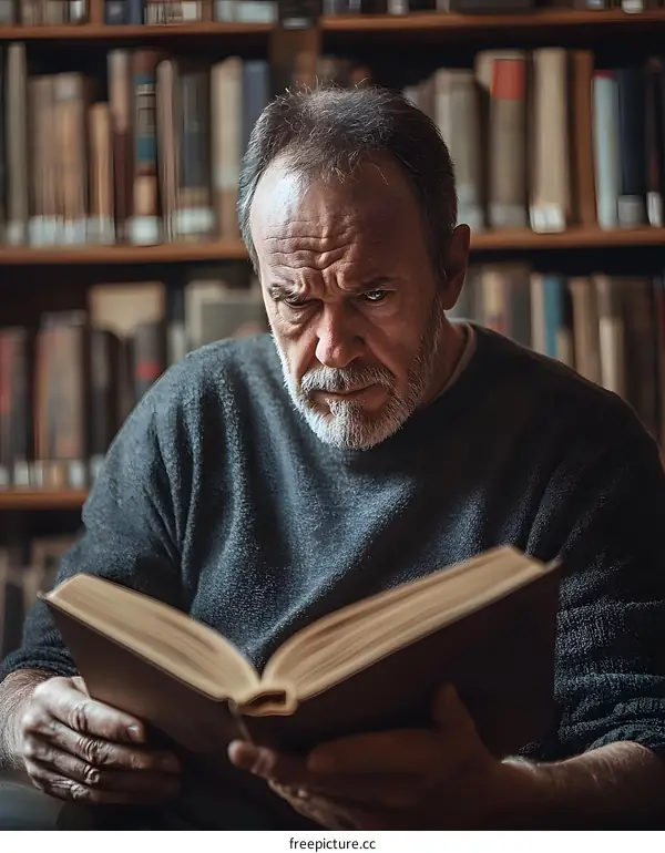 Senior Man Reading Book in Library