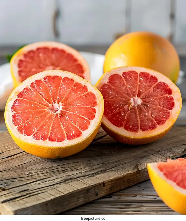 Fresh Grapefruit Slices on Wooden Board
