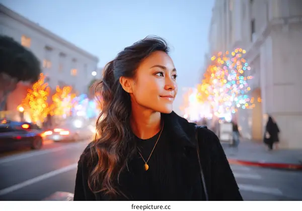 Asian Woman Walking City Night Lights