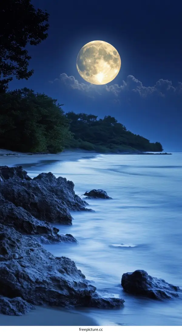 Moonlight Beach at Night with Full Moon