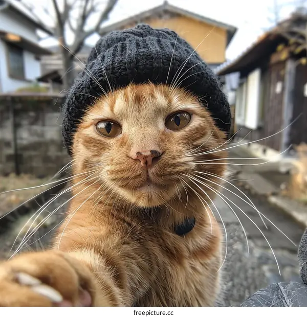 Ginger cat wearing a black beanie
