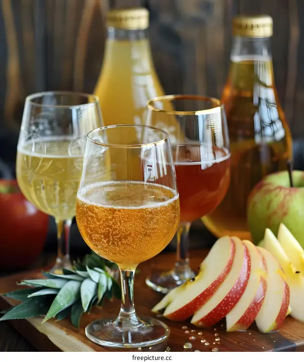 Four Glasses of Apple Cider With Apple and Pineapple Slices