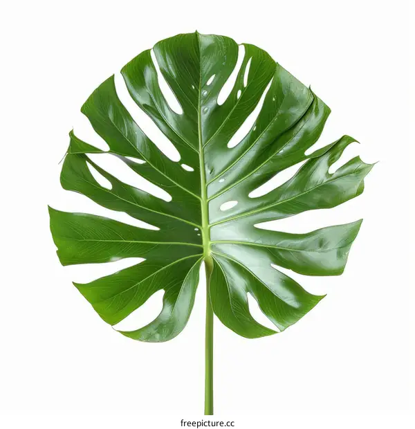 A large green leaf of a Monstera deliciosa plant on a white background.