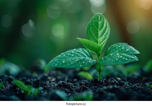 Tiny green plant growing in the soil with morning dew on its leaves