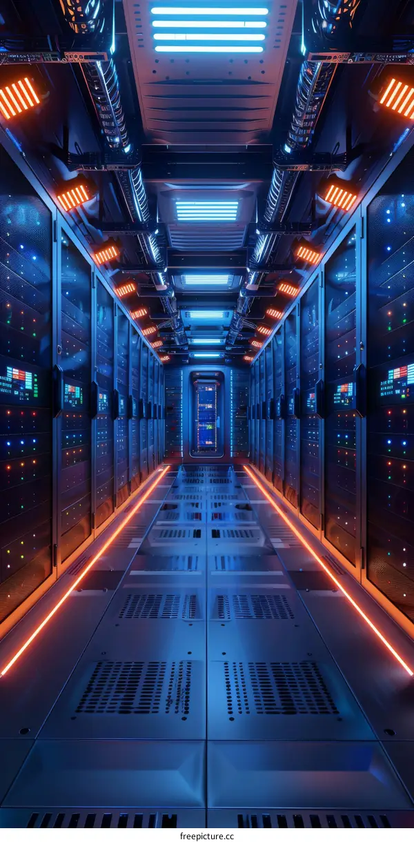 Futuristic server room with blue and orange lights