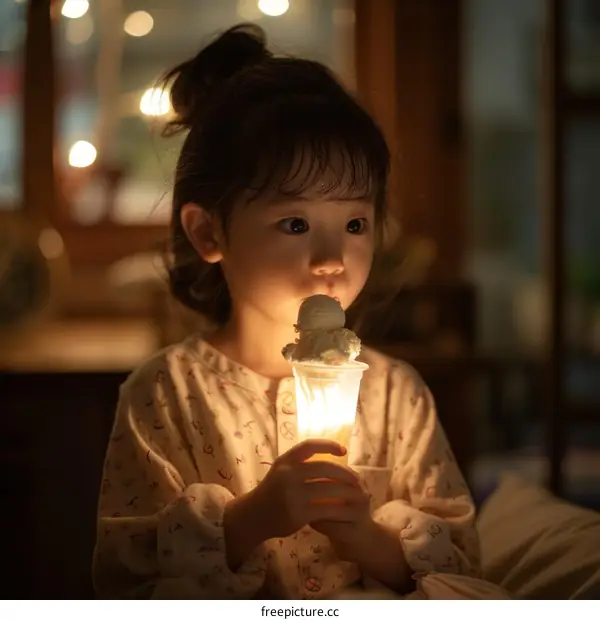 Little girl holding a glowing cup of ice cream in the dark