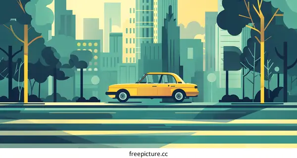 Yellow Car Driving Through City Park Illustration
