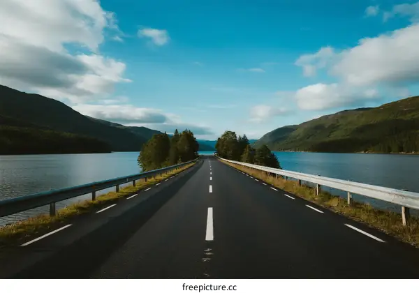 A long road stretching through a scenic area with water and mountains