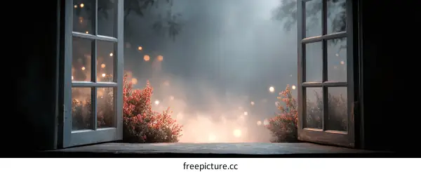 Misty Night Window View, Soft Light, Cozy Scene