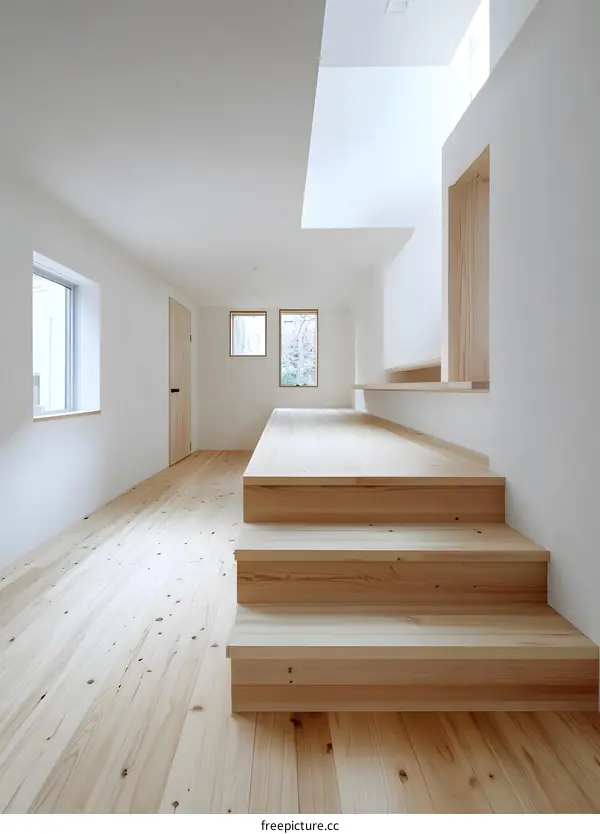 Modern Minimalist Wooden Stairs In A Japanese Home
