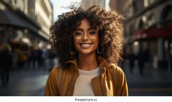 portrait of a young woman with curly hair smiling wearing glasses and a yellow jacket