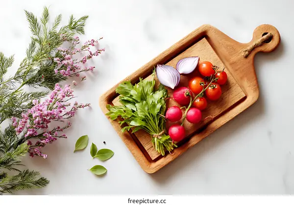 Fresh Vegetables on Wooden Cutting Board with Flowers