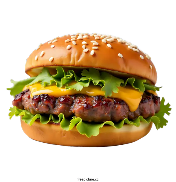 [Transparent Background PNG]Close Up of Delicious Cheeseburger with Sesame Seed Bun
