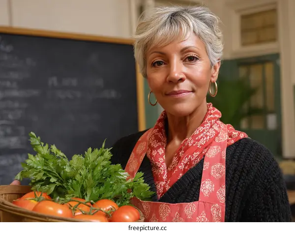 Woman holding basket of fresh tomatoes and herbs
