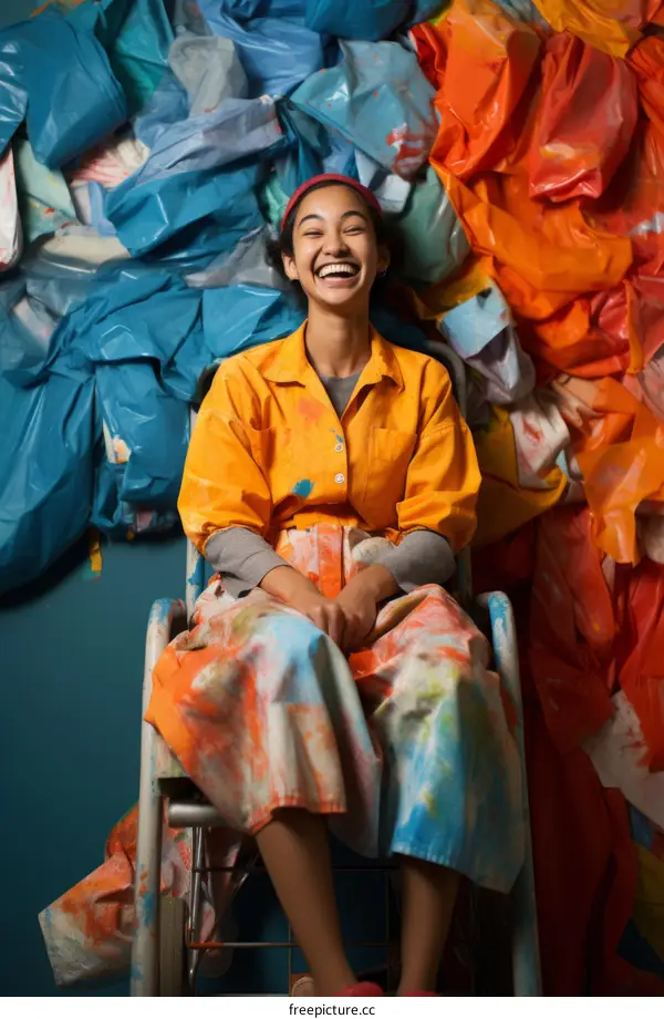 Portrait of a young artist sitting in a wheelchair and smiling