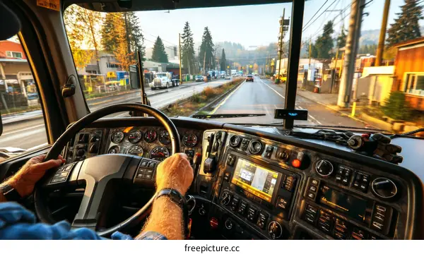 Truck Driver Navigating a City Street at Sunrise
