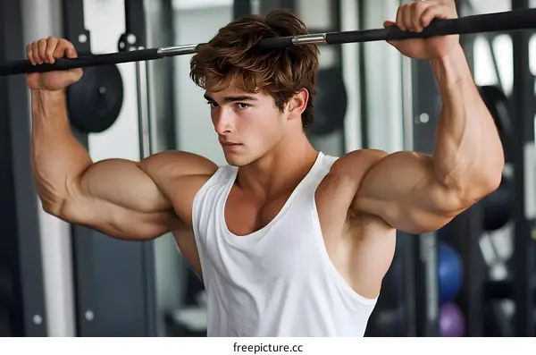 Muscular Man Lifting Weights in Gym