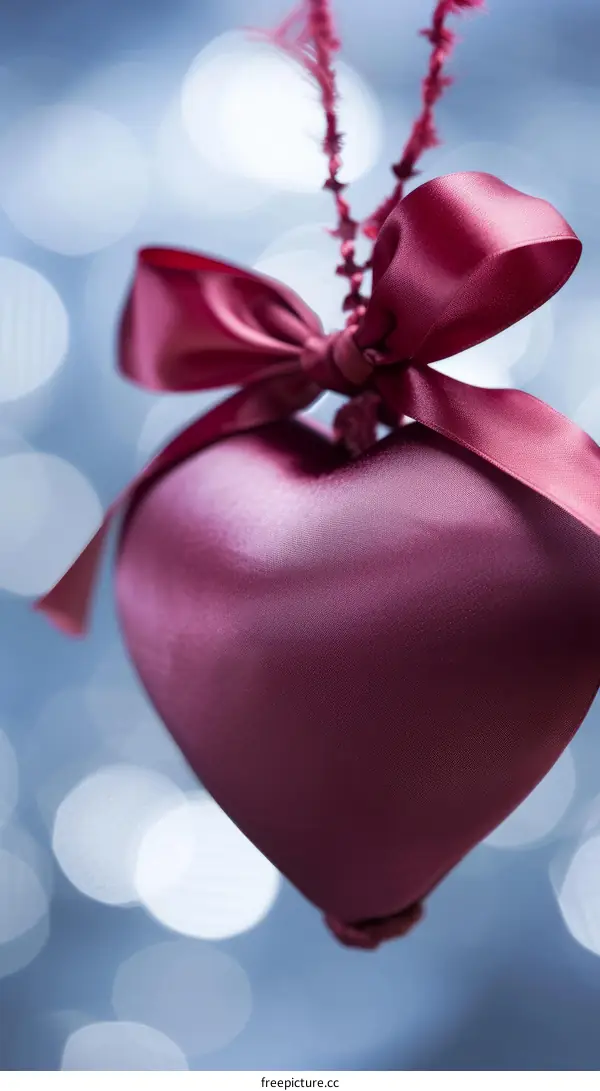 A red heart-shaped satin ornament with a pink ribbon