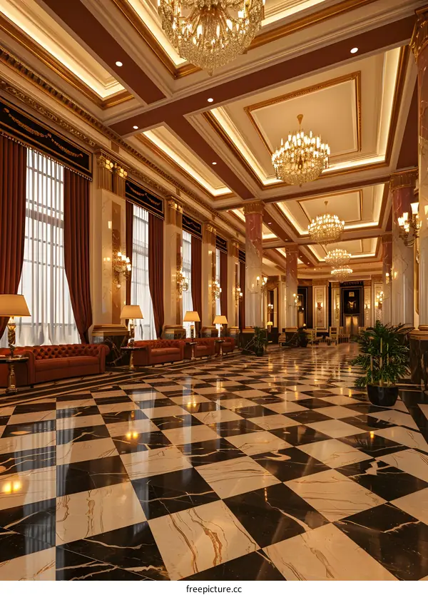 Grand Hall with Checkerboard Floor and Gold Accents